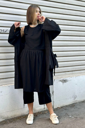 Set kimono + top + culottes, linen, black