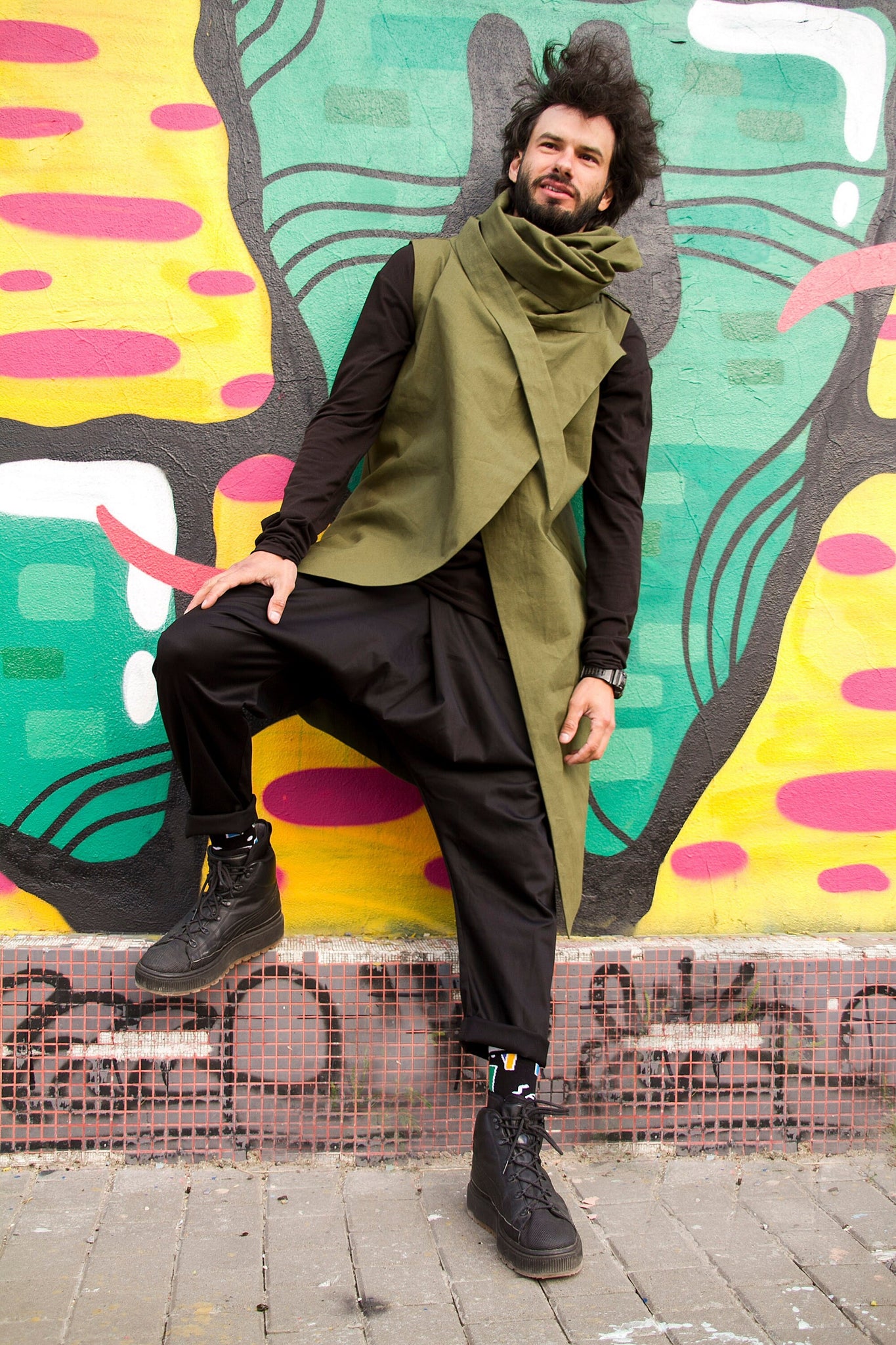 Khaki long vest coat men "Dino", asymmetrical dystopian mens trench, gothic punk vest, cyberpunk clothing