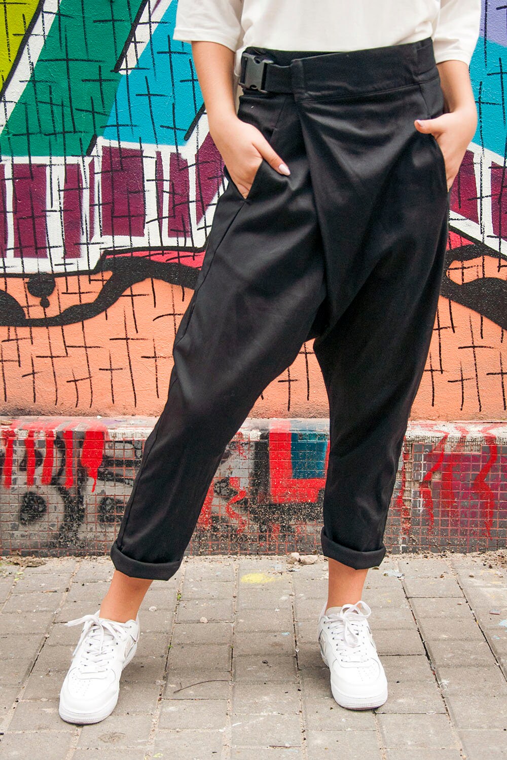 Pants with belt "Gravi", black wrap pants, cyberpunk pants, street style wear