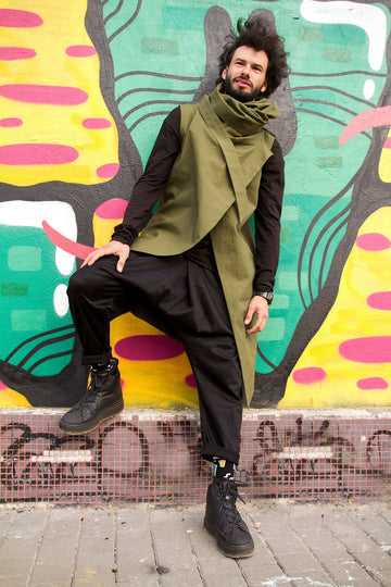 Khaki long vest coat men "Dino", asymmetrical dystopian mens trench, gothic punk vest, cyberpunk clothing
