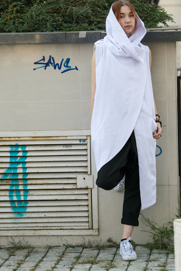 White Long Vest Coat Women "Dino", Asymmetrical Dystopian Women's Trench Coat, Gothic Punk Vest, Cyberpunk Clothing