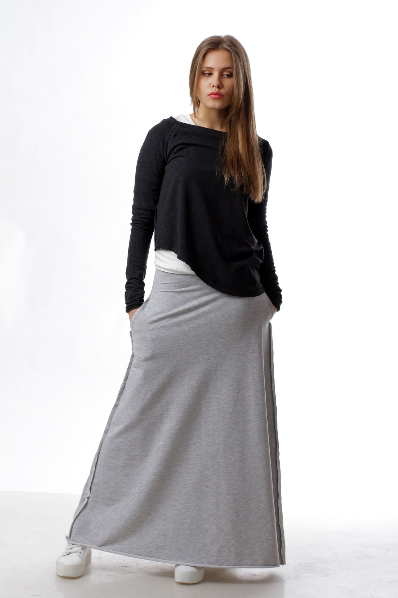 Set "Gray 2", street style wear, maxi skirt, casual set, anthracite jumper, grey skirt, minimalistic wear